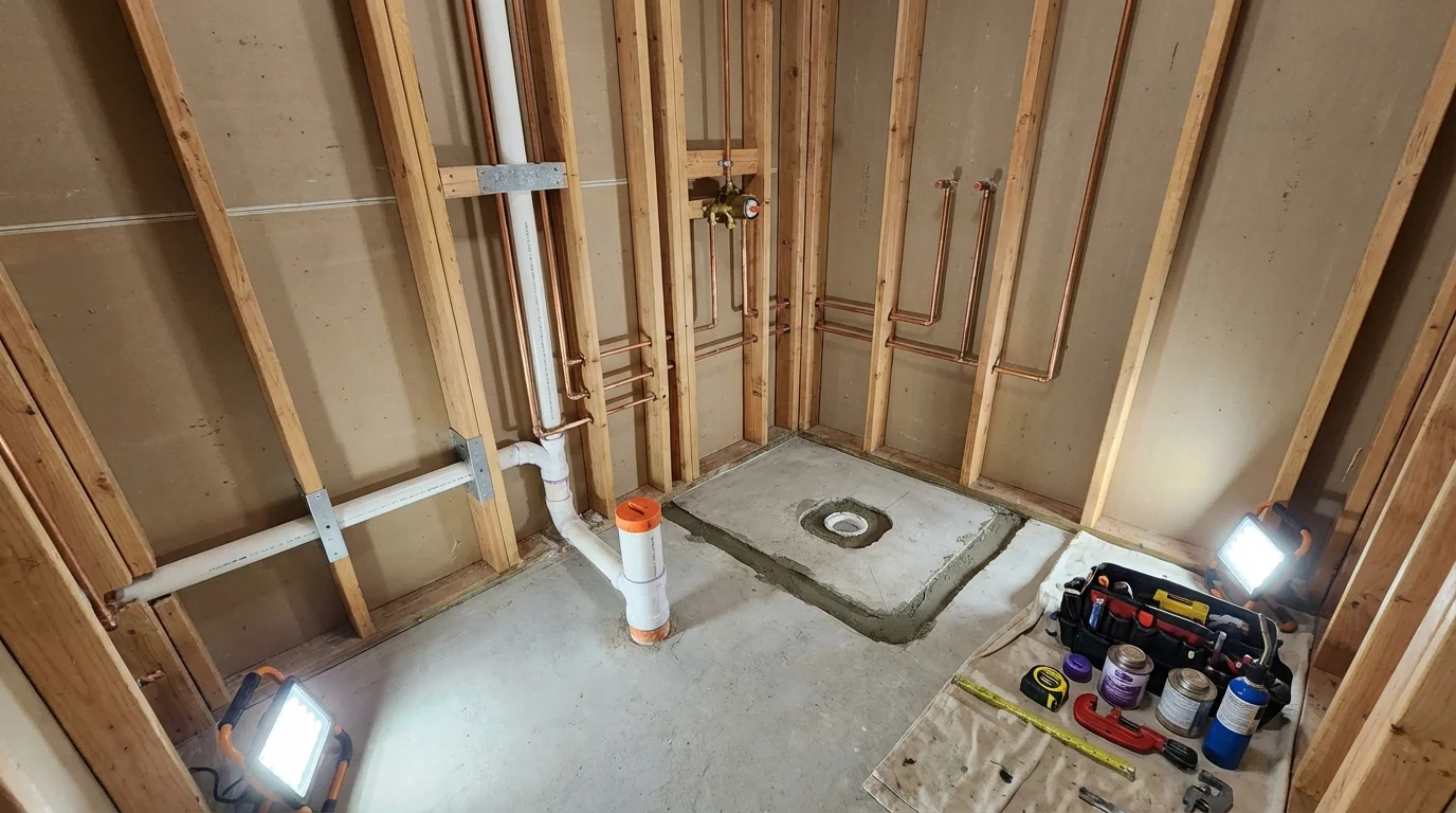 Bathroom rough-in plumbing during remodel by Johns Plumbing LLC in Plymouth Meeting