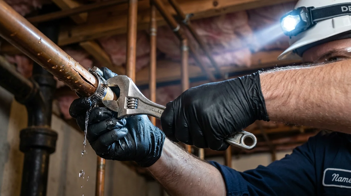 Emergency pipe clamp repair being performed by a Johns Plumbing LLC plumber in Plymouth Meeting
