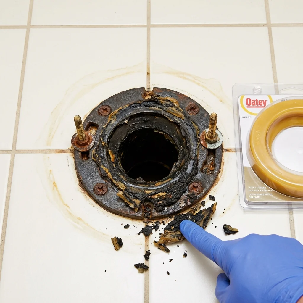 Failed wax ring showing water seepage at the base of a toilet in a Plymouth Meeting, PA home