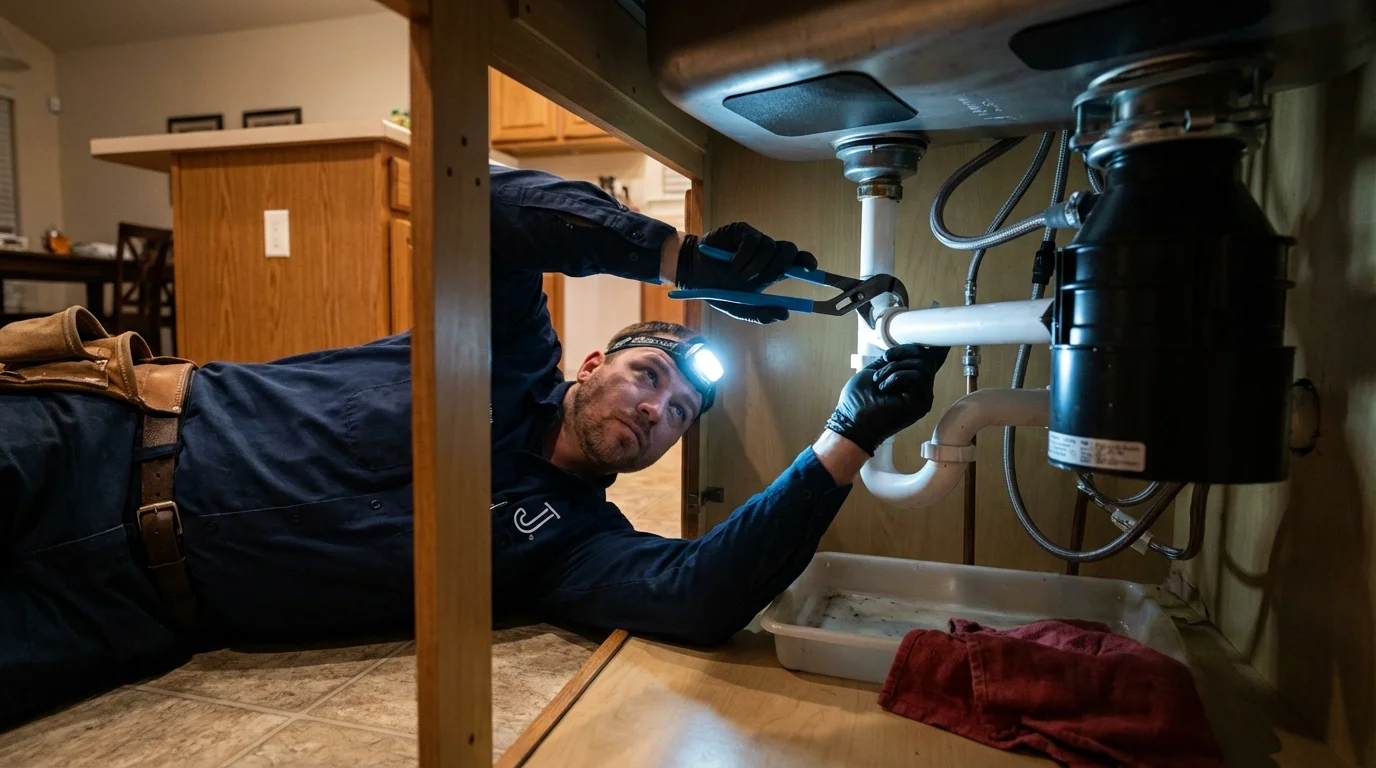 P-trap and supply line connections under a kitchen sink showing a common leak point in Plymouth Meeting, PA